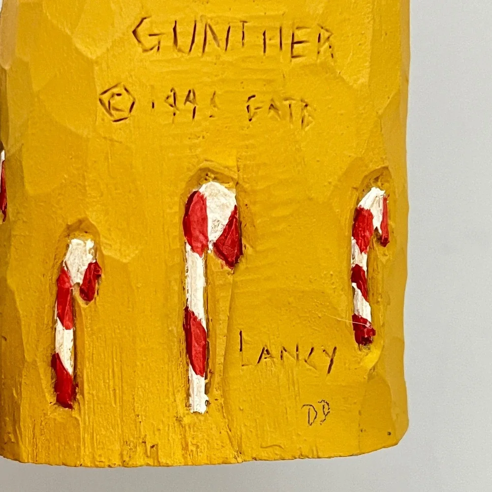 Gunther Lanky Santa Figurine with German Shepherd Yellow Wood Folk Art 6.5
